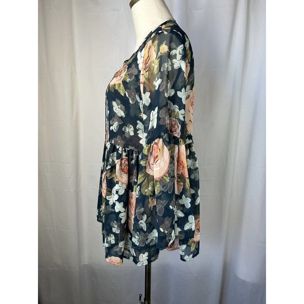 Show Me Your Mumu Womens Sz M floral Bell Sleeve Blouse black and pink see thru - Picture 4 of 8